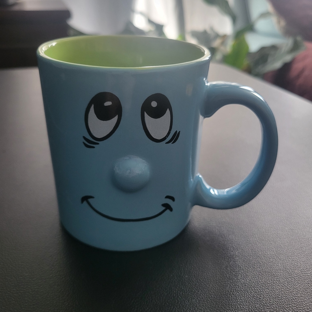 Blue Smiley Face Ceramic Mug with Lime Interior